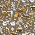 Seamless illustration with on the theme of childhood and toys, toys for boys, stickers icons on brown background, sepia