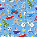 Seamless illustration on the theme of childhood and toys, toys for boys, stickers icons on blue background Royalty Free Stock Photo