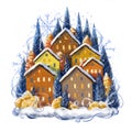 Winter illustration with Christmas houses, different warm colors, Christmas trees decorated for New Year's Eve grow