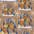 Seamless pattern on the theme of Christmas and winter, holiday, snow-covered houses drawn in digital style, small cute