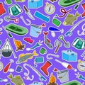 Seamless illustration on the theme of fishing, a simple hand-drawn patch icons on purple background