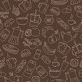 Seamless illustration on theme of food and breakfast , simple contour icons, beige outlines on a brown background Royalty Free Stock Photo