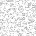 Seamless illustration on theme of food and breakfast , simple contour icons,dark outlines on white background Royalty Free Stock Photo
