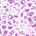 Seamless illustration on theme of food and breakfast , simple contour icons,purple silhouettes icons on a background polka dot