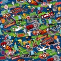 Seamless pattern on the theme of football. Football attributes, football figures of various teams on a blue background