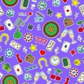 Seamless illustration on the theme of gambling and money simple painted patch icons on purple background