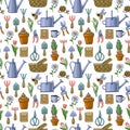 Seamless pattern on the theme of gardening with equipment, pots, flowers, watering cans, baskets, pruning shears.