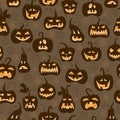 Seamless illustration with on the theme of Halloween, different shapes of pumpkin heads on brown background, sepia