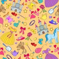 Seamless illustration on the theme of Hobbies baby girls, and toys icons on yellow background
