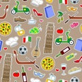 Seamless illustration on the theme of journey in the country of Italy, simple colored icons patches on a brown background