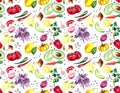 Seamless pattern on the theme of kitchen and cooking with bright vegetables and fruits. Juicy tomatoes, peppers, pumpkins, onions,