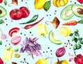 Seamless pattern on the theme of kitchen and cooking with bright vegetables and fruits. Juicy tomatoes, peppers, pumpkins, onions,