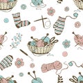 Seamless pattern on the theme of knitting with a basket and balls of yarn. Vector