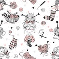 Seamless pattern on the theme of knitting with cute knitter girls in Doodle style. Vector