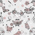 Seamless pattern on the theme of knitting with cute knitter girls in Doodle style. Vector