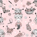 Seamless pattern on the theme of knitting with cute knitter girls in Doodle style. Vector