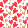 Seamless pattern on the theme of love, stitched cute hearts of pink shades . Print, textiles, cover for St. Valentine\'s Day