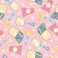 Seamless pattern on the theme of makeup, beauty and personal care. Vector pattern in flat cartoon style on a pink background. Make Royalty Free Stock Photo