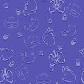 Seamless pattern on a theme medicine. White contour icons on a blue background.