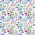 Seamless illustration with on the theme of needlework and sewing , simple color icons on light background Royalty Free Stock Photo