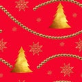 Seamless pattern on the theme of the new year and Christmas with snowflakes, balls, Christmas tree, golden color Royalty Free Stock Photo