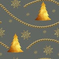 Seamless pattern on the theme of the new year and Christmas with snowflakes, balls, Christmas tree, golden color Royalty Free Stock Photo