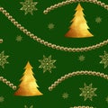 Seamless pattern on the theme of the new year and Christmas with snowflakes, balls, Christmas tree, golden color Royalty Free Stock Photo