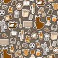 Seamless illustration on a theme of products and shopping, simple sticker icons, monochrome patches icons on a brown background