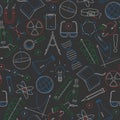 Seamless illustration on the theme of science and inventions, diagrams, charts, and equipment, simple colored chalks on the dark