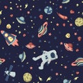 Seamless pattern on the theme of space. Astronaut in open cosmos, space ships and a set of various planets, stars and