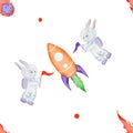 seamless pattern on the theme of space. cartoon rabbits astronauts, rocket, carrot, planet, comet, meteorite. cute baby