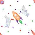 seamless pattern on the theme of space. cute cartoon bunnies with rocket, flags, comet, meteorites. bright minimalistic