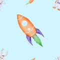 seamless pattern on the theme of space. cute pattern with rocket, rabbit, carrots for baby textiles, scrapbooking