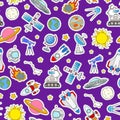 Seamless illustration on the theme of space and space travel color patch icons on purple background Royalty Free Stock Photo