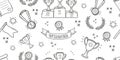Seamless pattern on the theme of sports in doodle style. Cartoon background with winner cups and medals. Royalty Free Stock Photo
