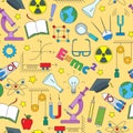 Seamless illustration on the theme of the subject of physics education, simple colored icons on yellow background