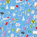 Seamless illustration of the subject of physics education, simple colored sticker icons on blue background
