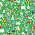 Seamless illustration on the theme of the subject of physics education, simple colored sticker icons on green background