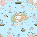 Seamless pattern on the theme of summer and the sea with cute girls on the beach. Vector