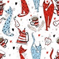Seamless pattern on the theme of tea drinking. Tea with a kettle and cats. Tea time. Vector Royalty Free Stock Photo