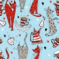 Seamless pattern on the theme of tea drinking. Tea with a kettle and cats. Tea time. Vector Royalty Free Stock Photo