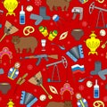 Seamless illustration on the theme of travel in the country of Russia, colored cartoon icons on red background