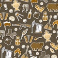 Seamless illustration on the theme of travel in the country of Russia, colored cartoon icons sticker on brown background, Sepia,mo