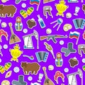 Seamless illustration on the theme of travel in the country of Russia, colored cartoon icons sticker on purple background