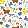 Seamless illustration on the theme of travel in the country of Russia, colored cartoon icons on white background