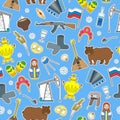 Seamless illustration on the theme of travel in the country of Russia, colored cartoon patch icons on blue background