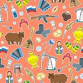 Seamless illustration on the theme of travel in the country of Russia, colored cartoon patch icons on orange background