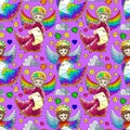 Seamless illustration on the theme of Valentine`s day, cute angels and hearts on a purple background