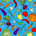 Seamless illustration on the theme of vegetables and healthy food, ripe bright vegetables on a blue background