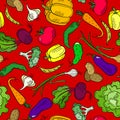 Seamless illustration on the theme of vegetables and healthy food, ripe bright vegetables on a red background